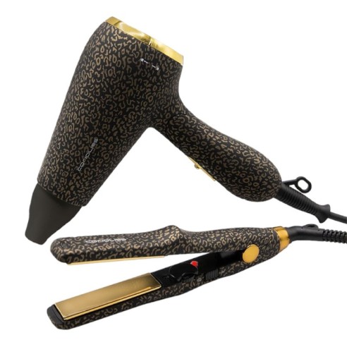 Kit de ferro Corioliss C-TRIP + secador de viagem Flow Gold Leopard -Alisadores, pinças e rolos de cabelo -Corioliss