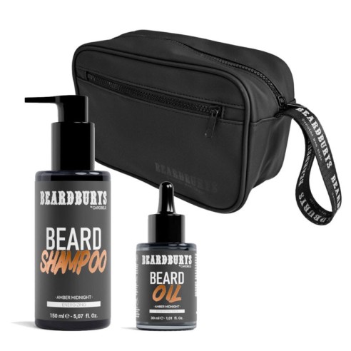 Kit Amber Midnight Shampoo + Óleo para Barba com bolsa de higiene -Pacotes de produtos de barbearia -Beardburys