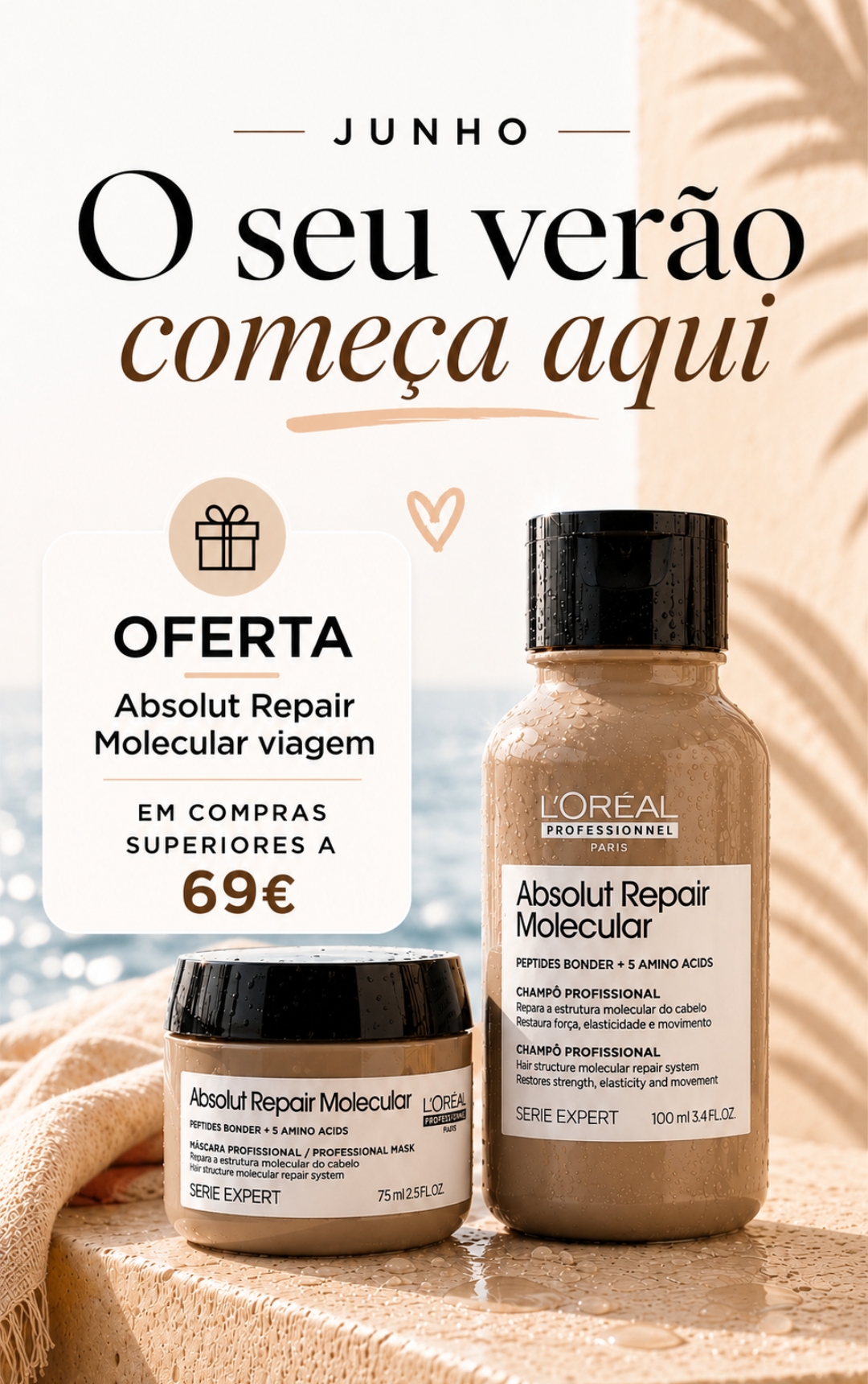 Oferta de champ&ocirc; e m&aacute;scara Absolut Repair Molecular em formato de viagem